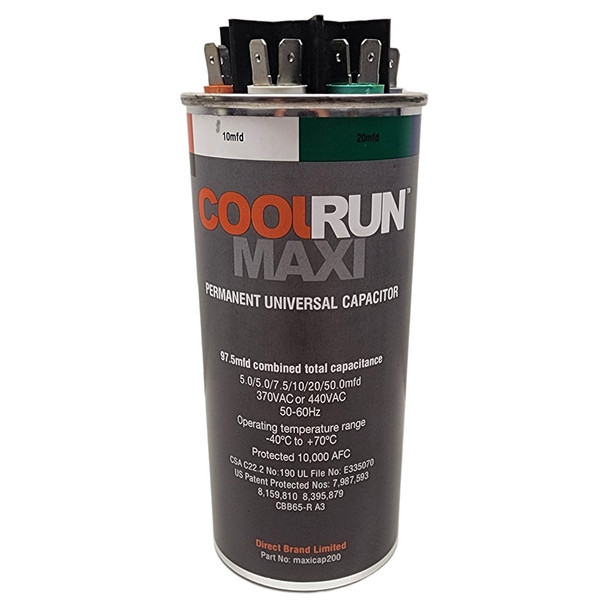 FalconChoice MAXICAP200 CoolRun Permanent Universal Capacitor, 5-50 MFD (97.5 Combined) front