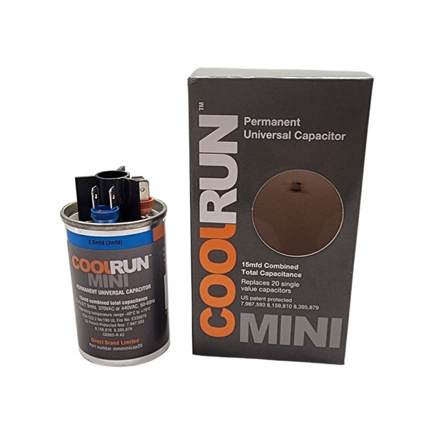 FalconChoice MINICAP200 CoolRun Permanent Universal Capacitor, 2.5-7.5 MFD (15 Combined) front with box