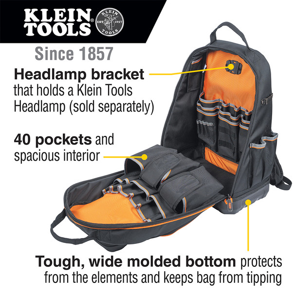 Klein Tools 62800BP Tradesman Pro XL Tool Bag Backpack infographic