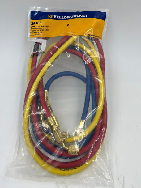 USED-29486-0626 Yellow Jacket 29486 PLUS II 1/4" Ball Valve Charging Hoses for R-410A Tanks, Yellow 1/4" Str. x 1/4" BV, Red/Blue 1/4" Str. x 5/16" BV - 3 Pack RYB 72" - Condition Like New