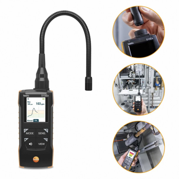 Testo 515 Ex Combination Leak Detector front view with in use shots