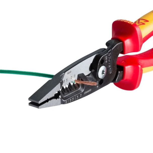 KNIPEX 8" 1000V Insulated Forged Wire Stripper stripping green braided wire