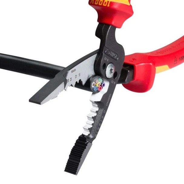 KNIPEX 8" 1000V Insulated Forged Wire Stripper cutting black wire