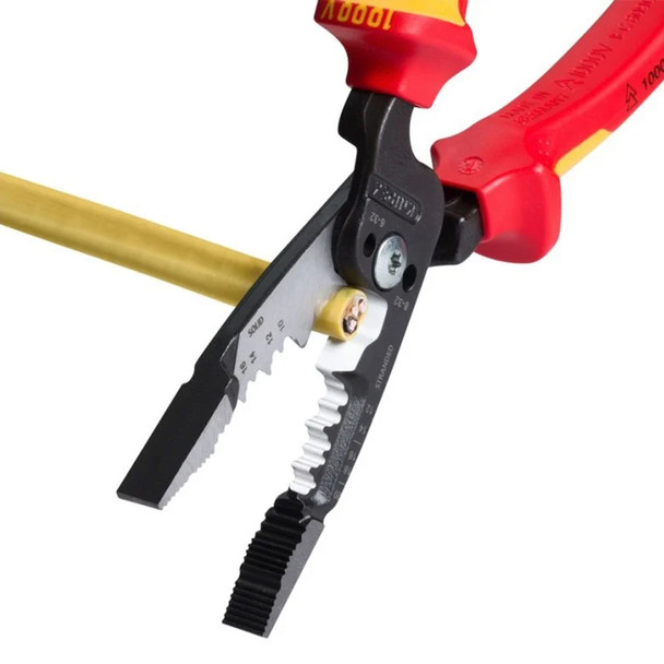 KNIPEX 8" 1000V Insulated Forged Wire Stripper cutting yellow wire