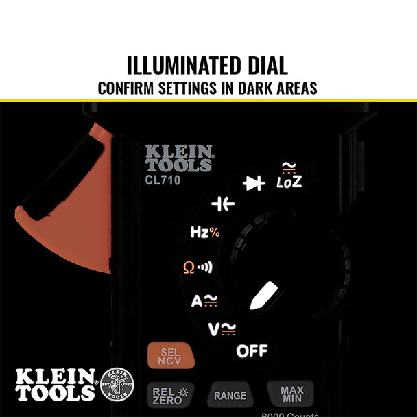 Klein Tools CL710 TRMS Pro Clamp Meter illuminated dial