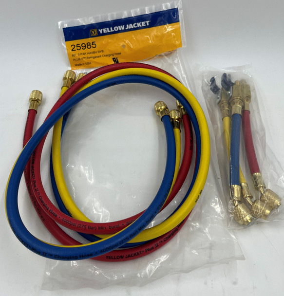 USED Yellow Jacket 25985 PLUS II 1/4" Refrigerant Hose Set 60" with FlexFlow Ball Valve Adapters - 3 Pack RYB - Like New - Packaging Opened