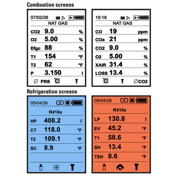 UEi ACA/R Advanced Combustion and Refrigerant Analyzer screen examples