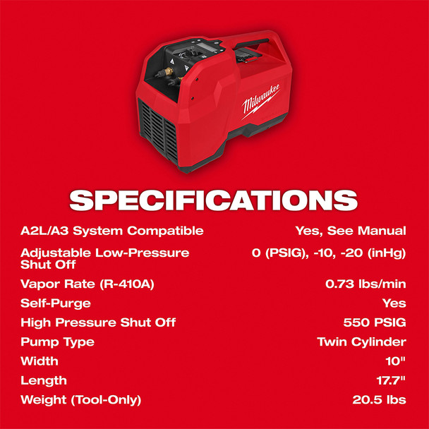 Milwaukee 2938-21 M18 Brushless Battery Powered Refrigerant Recovery Machine specifications