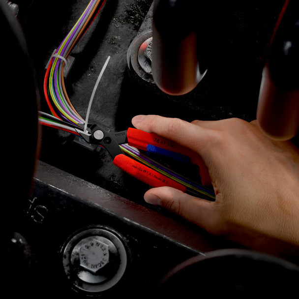 KNIPEX 6" Slim Knips Precision Cutting Pliers, Burnished in use on ziptie