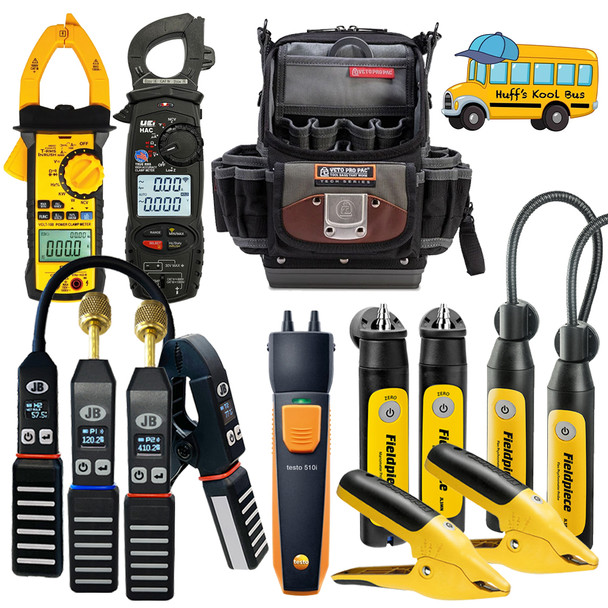 Huffs Kool Bus Preferred Tool Kit with hvacr smart probes, electrical clamp meters, and veto tool bag main view