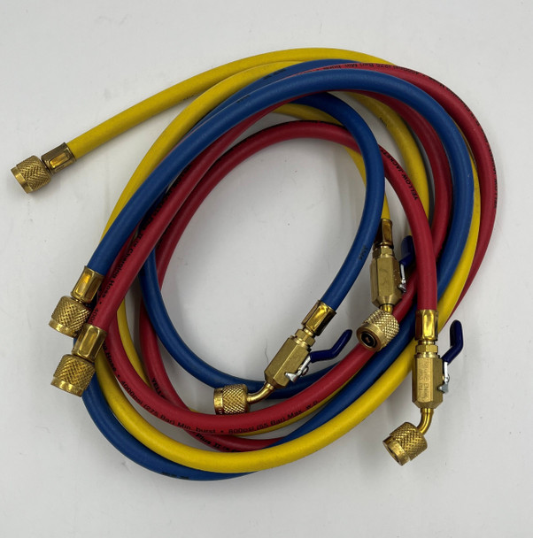 USED Yellow Jacket 29486 PLUS II 1/4" Ball Valve Charging Hoses for R-410A Tanks, Yellow 1/4" Str. x 1/4" BV, Red/Blue 1/4" Str. x 5/16" BV - 3 Pack RYB 72" - Like New