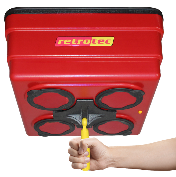 Retrotec Flow Box Exhaust Fan Flow Meter & Pressure Pan held up by yellow handle