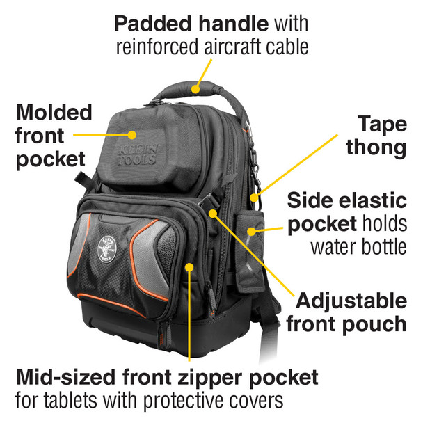 Klein Tools 55485 Tradesman Pro Tool Master Tool Bag Backpack infographic