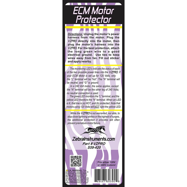 Zebra VZPRO ECM Motor Protector - 120 or 240 Volts