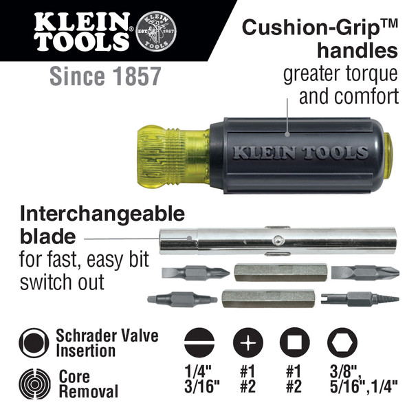 Klein Tools 32527 Multi-Bit Screwdriver, 11-in-1 Nut Driver infograph