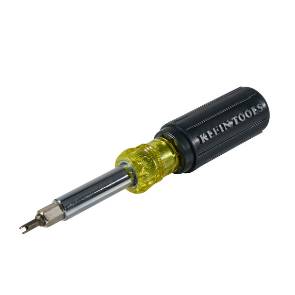 Klein Tools 32527 Multi-Bit Screwdriver, 11-in-1 Nut Driver angle view with schrader tip