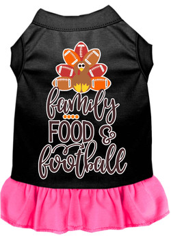 Family, Food, And Football Screen Print Dog Dress - Black With Bright Pink