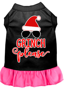 Grinch Please Screen Print Dog Dress - Black With Bright Pink Skirt