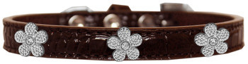 Silver Flower Widget Croc Dog Collar - Chocolate Brown