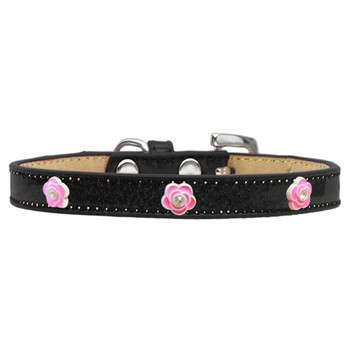Image of one Bright Pink Rose Widget Dog Collar - Black Ice Cream