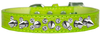 Double Crystal And Spike Croc Dog Collar - Lime Green