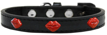 Red Glitter Lips Widget Dog Collar - Black