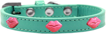 Pink Glitter Lips Widget Dog Collar - Aqua