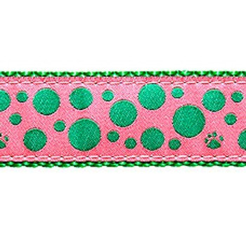 Green Polka Paws on Pink 1/2, 3/4 & 1.25 inch Dog & Cat Collar, Harness