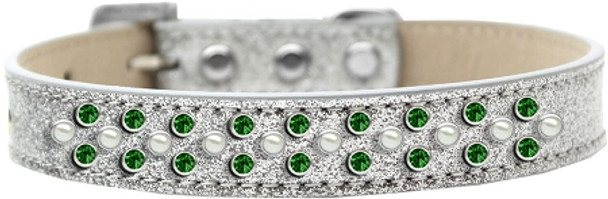 Sprinkles Ice Cream Dog Collar Pearl And Emerald Green Crystals - Silver