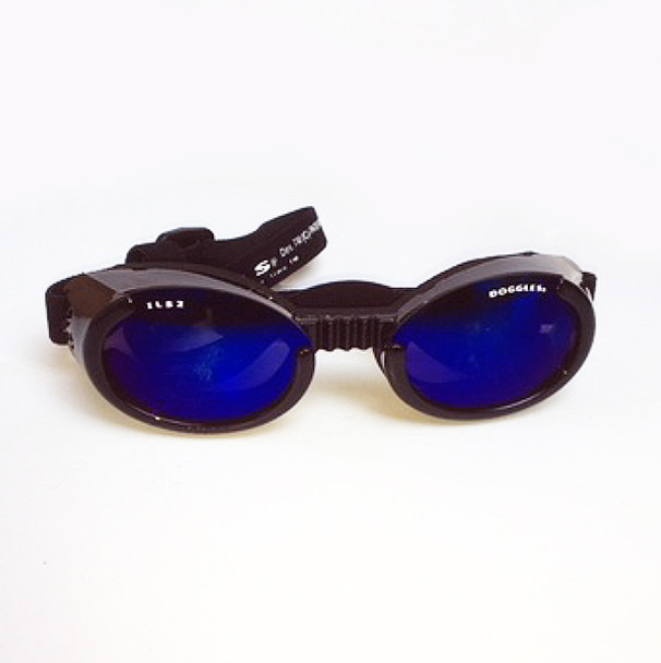 Shiny Black ILS with Mirror Blue Lens Dog Sunglasses