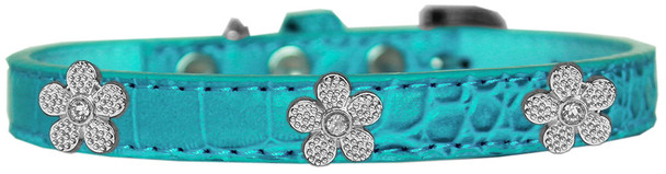 Silver Flower Widget Croc Dog Collar - Turquoise