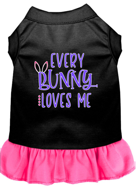 Every Bunny Loves Me Screen Print Dog Dress - Black With Bright Pink