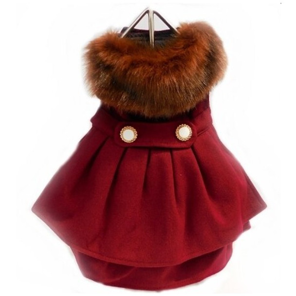 Burgundy Wool Fur Collar Harness Dog Coat & Leash