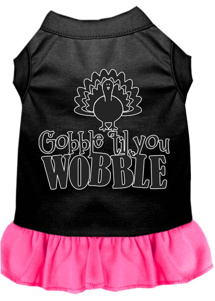 Gobble Til You Wobble Screen Print Dog Dress - Black With Bright Pink