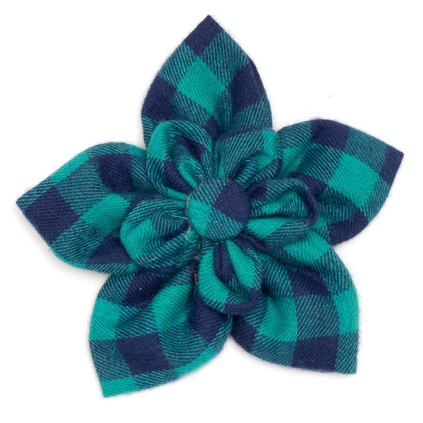 Green & Navy Buffalo Check Pet Dog Collar Flower