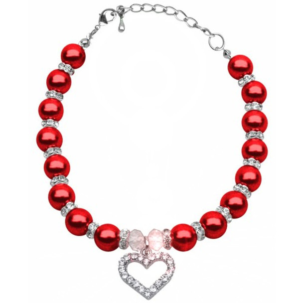 Heart and Pearl Single Strand Pet Dog Necklace - Red