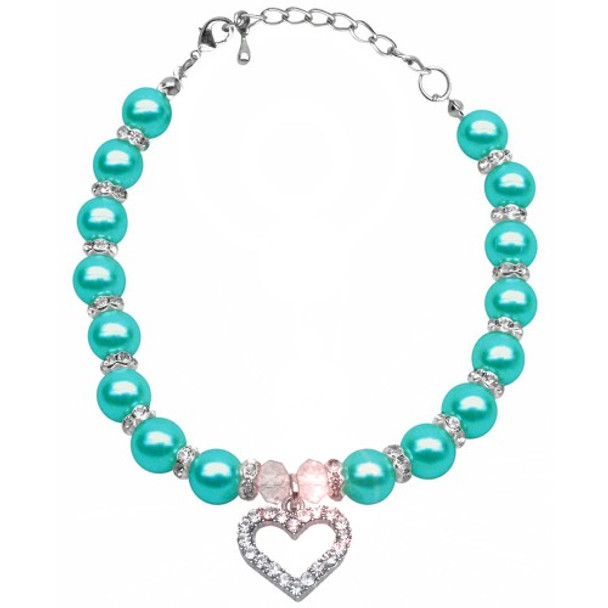 Heart and Pearl Single Strand Pet Dog Necklace - Aqua