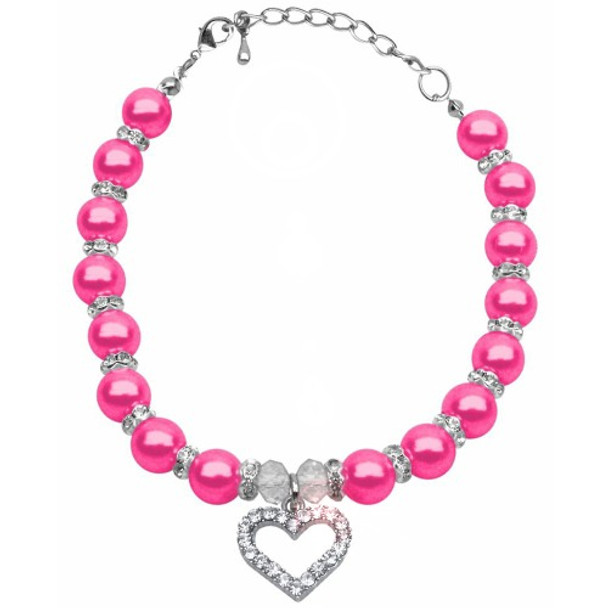 Heart and Bright Pink Pearl Single Strand Pet Dog Necklace
