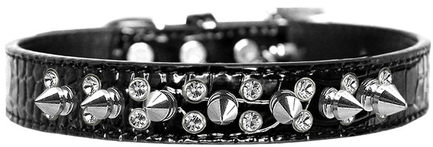 Double Crystal And Spike Croc Dog Collar - Black