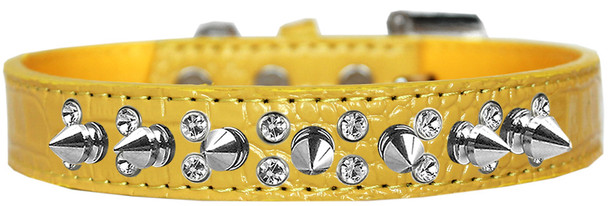 Double Crystal And Spike Croc Dog Collar - Yellow