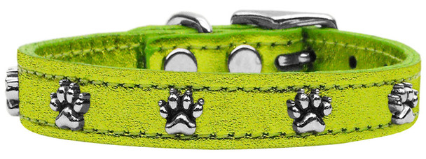 Metallic Paw Leather Dog Collar -  Lime Green Mtl