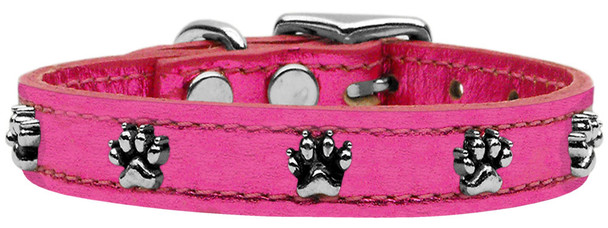 Metallic Paw Leather Dog Collar -  Pink Mtl