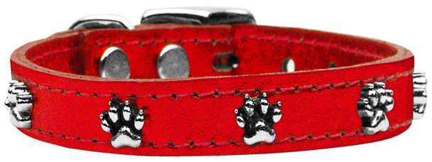 Metallic Paw Leather Dog Collar -  Red Mtl
