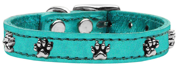 Metallic Paw Leather Dog Collar -  Turquoise Mtl