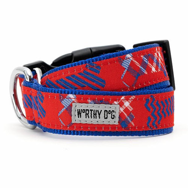 Worthy Dog Preppy Bones Pet Dog Collar and Optional Lead - Red/White/Blue
