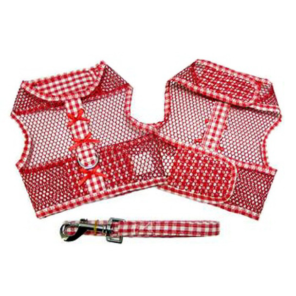 Red Gingham and Bows Cool Mesh Netted Dog Harness & Leash