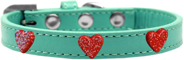 Red Glitter Heart Widget Dog Collar - Aqua