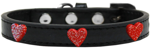 Red Glitter Heart Widget Dog Collar - Black
