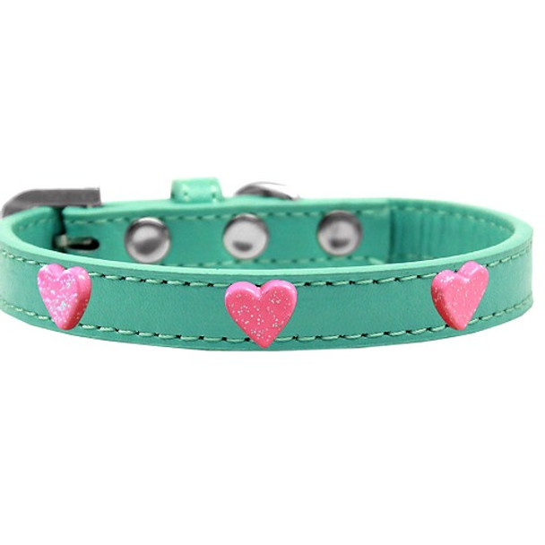 Pink Glitter Heart Widget Dog Collar - Aqua