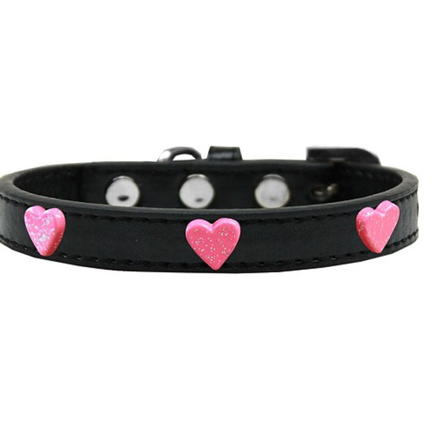 Pink Glitter Heart Widget Dog Collar - Black